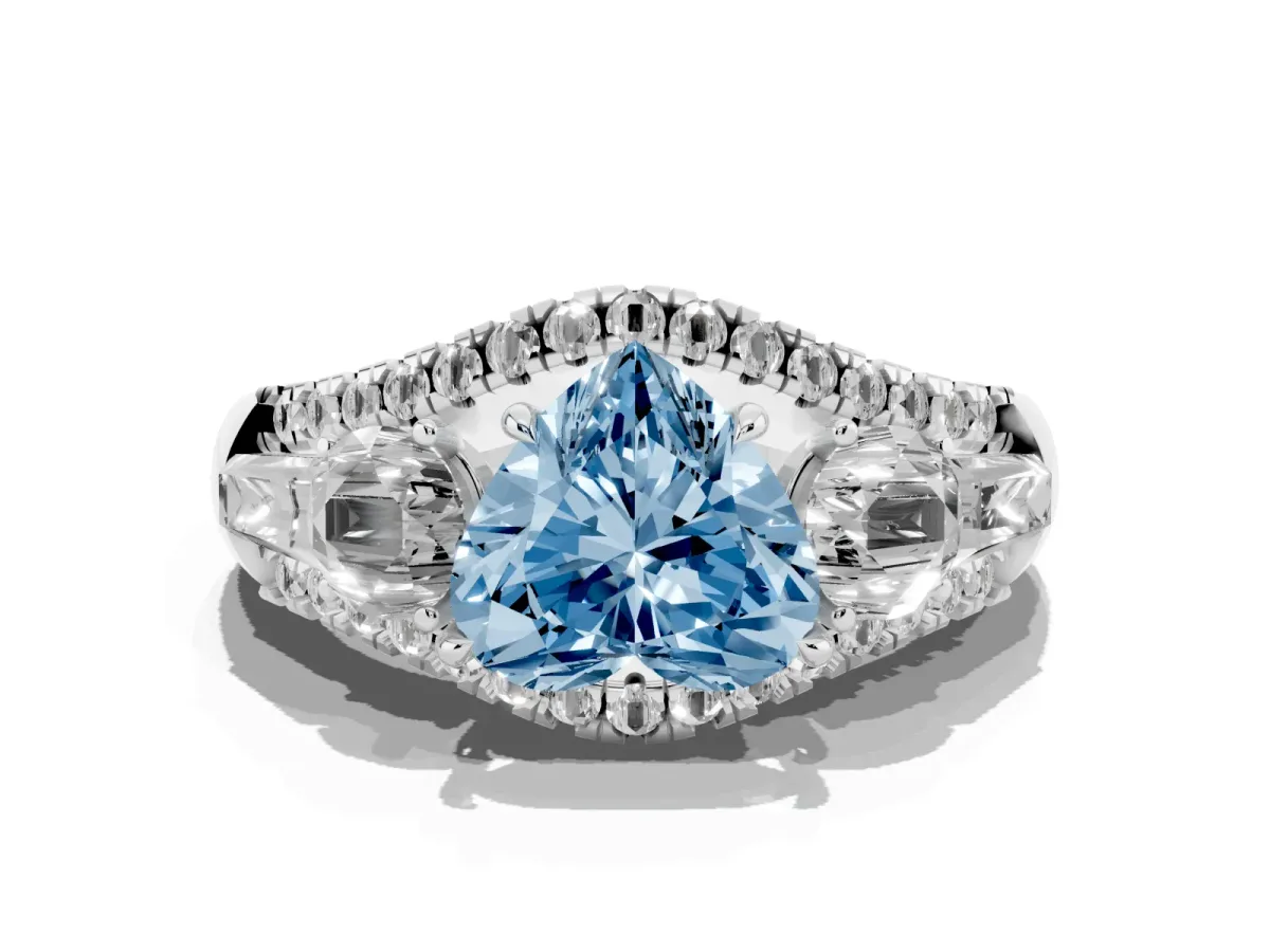 Fancy Blue Three-Stone Heart Cut Diamond Engagement Ring with Pave Band and Prong Setting Silver