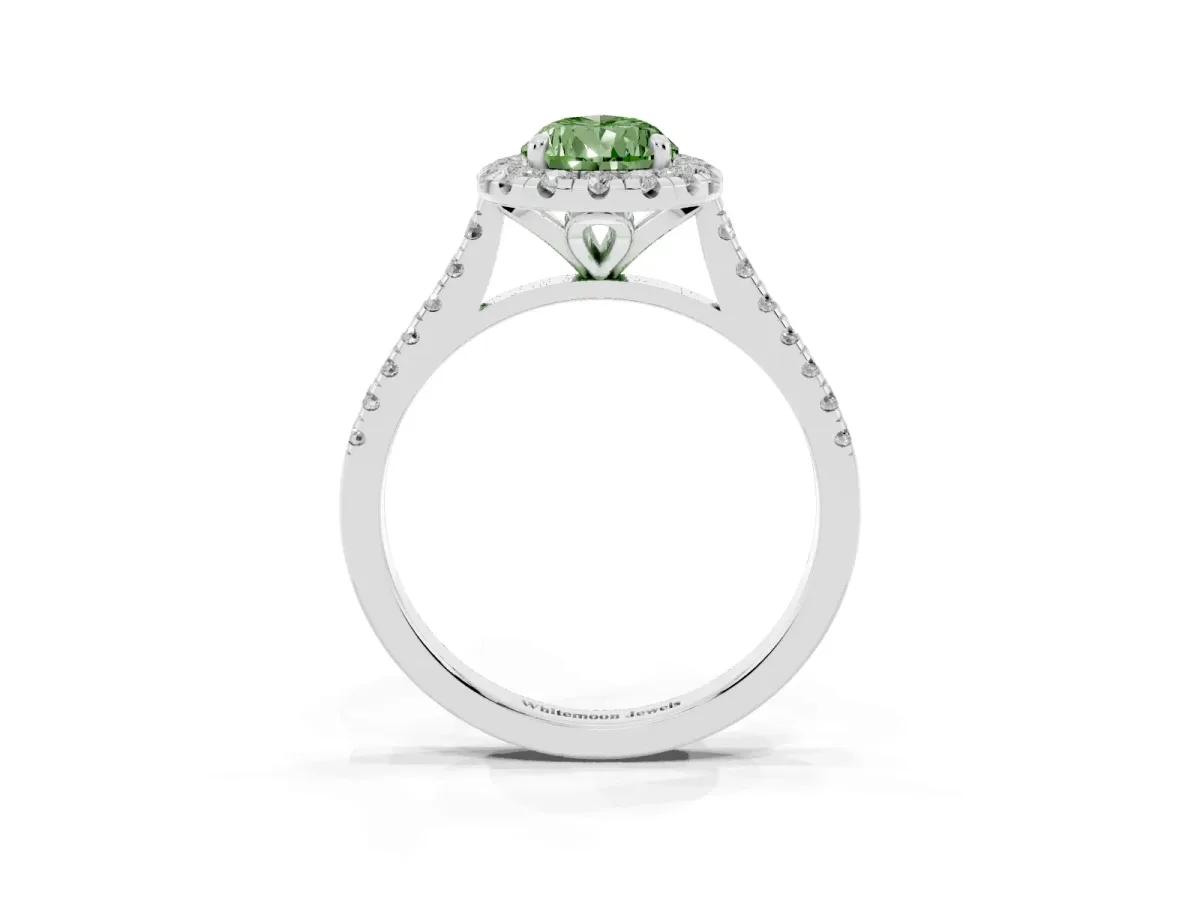 Fancy Green Pear Cut Diamond Cushion Halo Ring with Pavé Band White gold