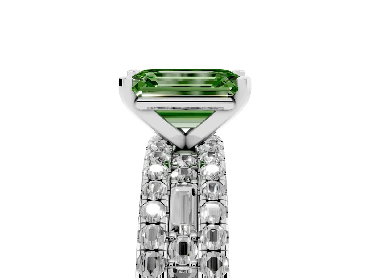 Fancy Green Emerald Cut Diamond Solitaire Ring with Pavé and Channel Set Band Silver