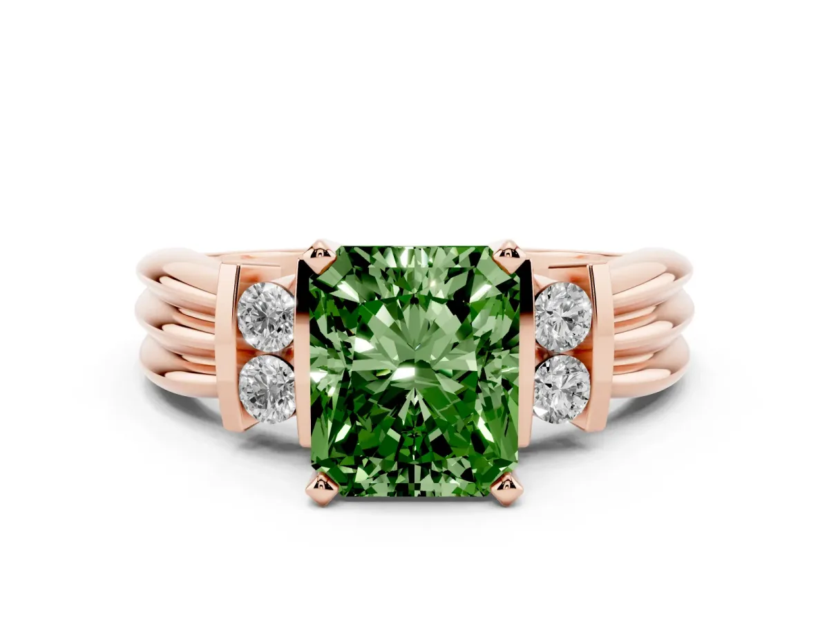 Fancy Green Radiant Cut Cut Three-Stone Channel Set Ring with Bar Prongs Rose gold