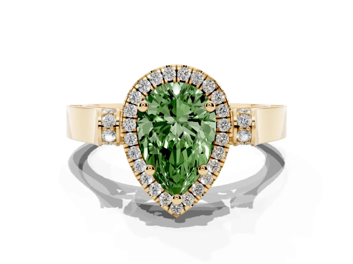 Fancy Green Pear Cut Halo Pave Split Shank Prong Setting Ring Yellow gold