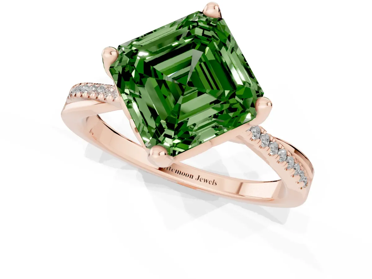 Fancy Green Asscher Cut Solitaire Twist Band with Pavé Diamonds and Four-Prong Setting Rose gold