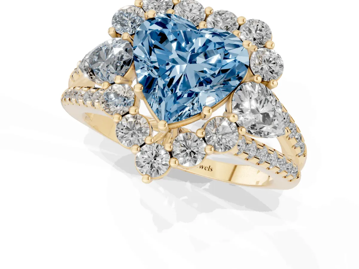 Fancy Blue Heart Cut Halo Split Shank Diamond Engagement Ring with Prong Setting Yellow gold