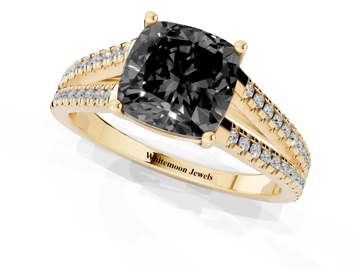 Fancy Black Cushion Cut Diamond Solitaire Engagement Ring with Split Shank Pavé Band Yellow gold