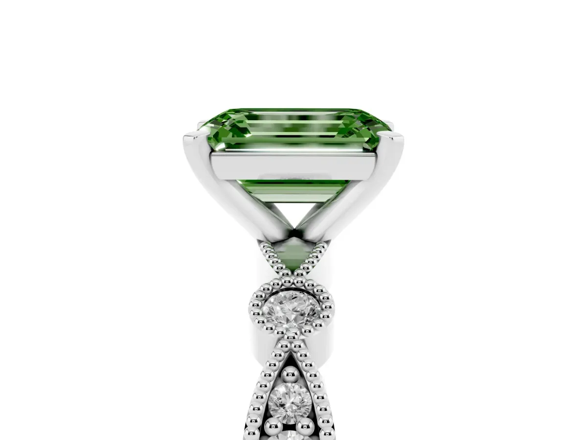 Fancy Green Emerald Cut Milgrain Bezel Diamond Engagement Ring with Solitaire Prong Setting Silver