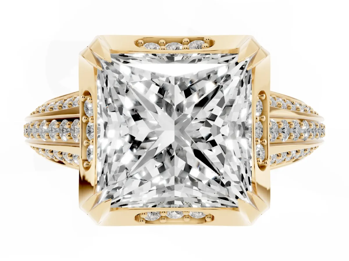Princess Cut Solitaire Pave Split Shank Ring with Four-Prong Setting Yellow gold