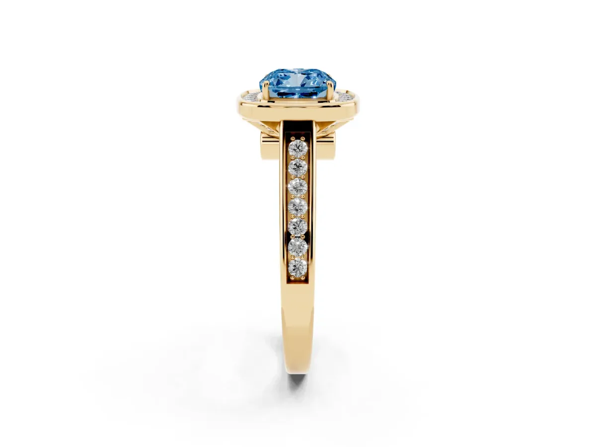Fancy Blue Cushion Cut Halo Solitaire Diamond Ring with Pave Band and Bezel Setting Yellow gold