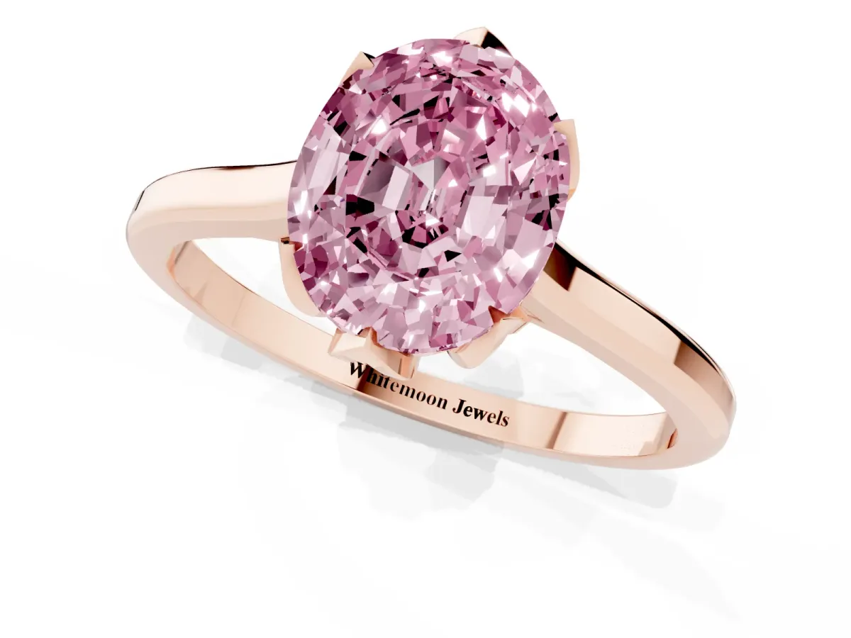 Fancy Pink Oval Cut Diamond Solitaire Ring with Flower Prong Setting and Classic Band Rose gold