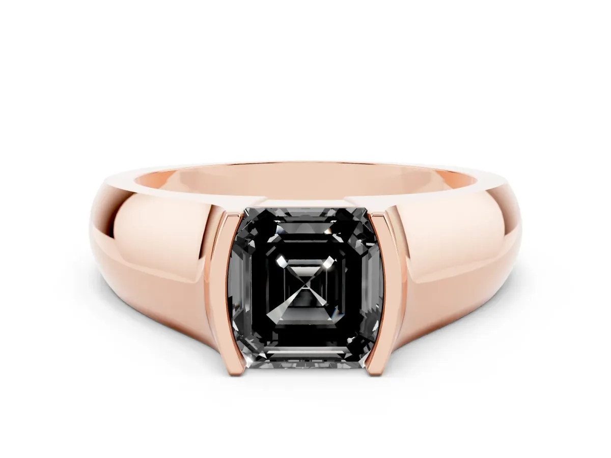 Fancy Black Asscher Cut Solitaire Bezel Set Diamond Ring with Wide Band Rose gold