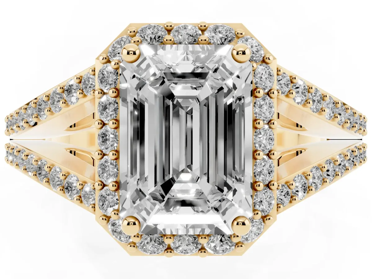 Emerald Cut Halo Split Shank Diamond Ring with Prong Setting Yellow gold