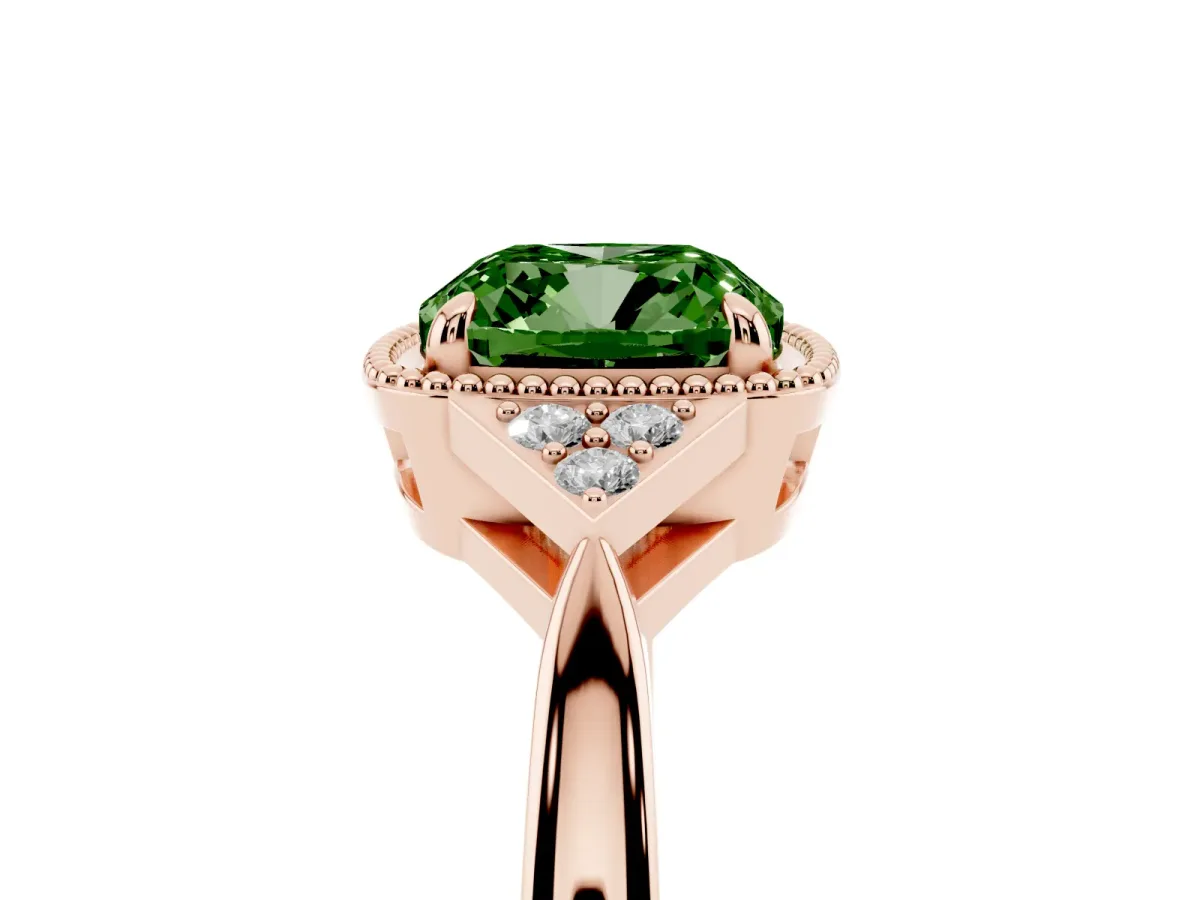 Fancy Green Hexagonal Halo Cushion Cut Diamond Solitaire with Pavé Band and Four-Prong Setting Rose gold