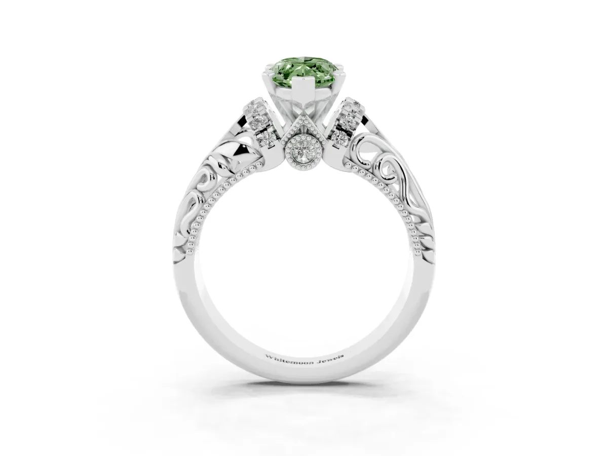 Fancy Green Marquise Cut Solitaire Filigree Engagement Ring with Halo and Prong Setting Silver