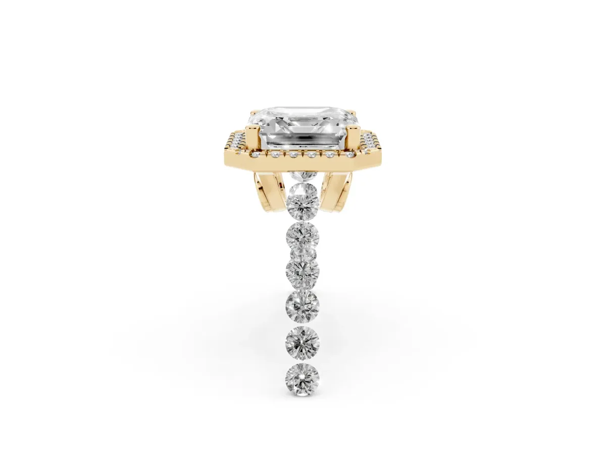 Asscher Cut Halo Pavé Diamond Engagement Ring with Four-Prong Setting Yellow gold