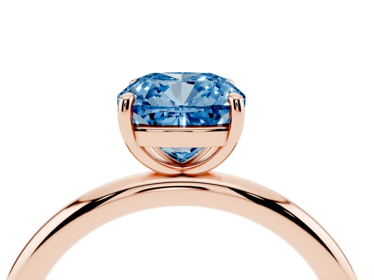 Fancy Blue Cushion Cut Solitaire Diamond Ring with Four-Prong Setting on a Plain Band Rose gold