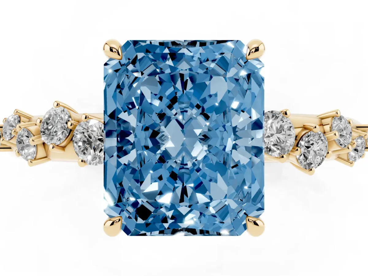 Fancy Blue Radiant Cut Diamond Cluster Prong-Set Solitaire Ring Yellow gold