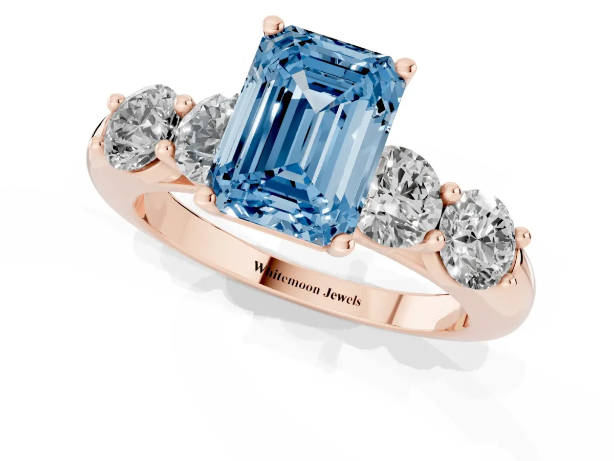 Fancy Blue Emerald Cut Cut Five-Stone Prong Set Diamond Ring with Classic Band Rose gold