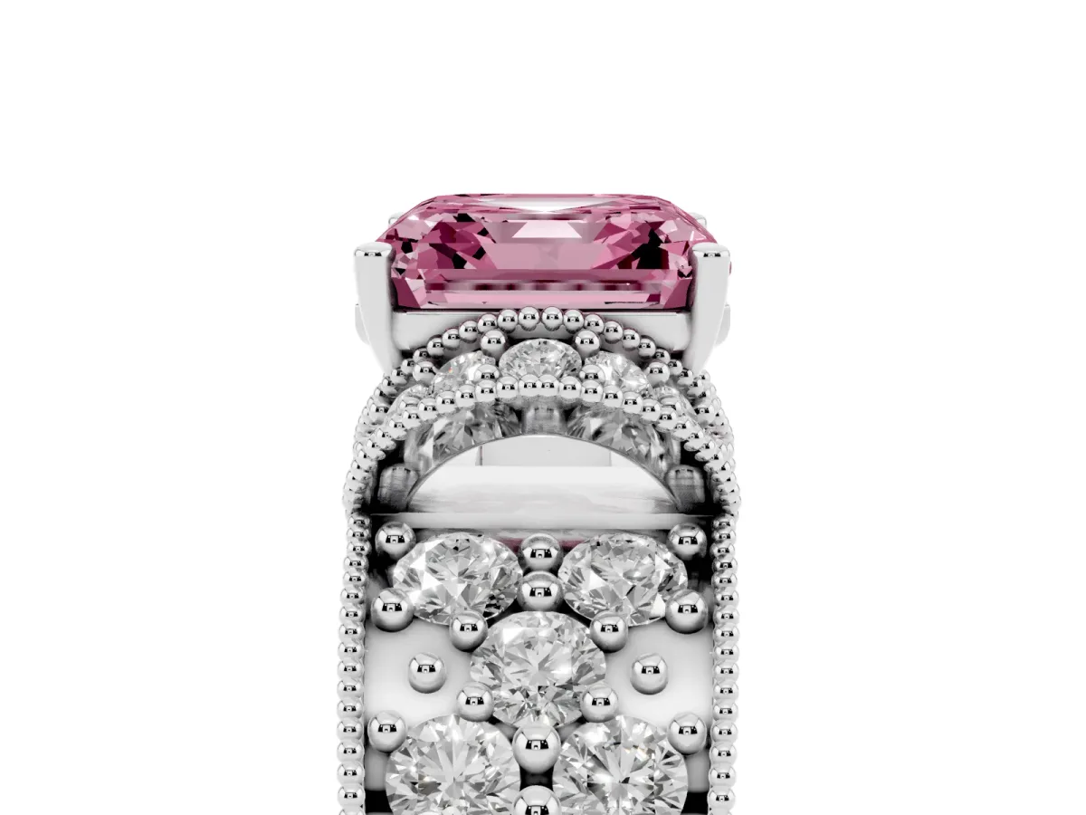 Fancy Pink Asscher Cut Halo Pave Diamond Engagement Ring with Milgrain Detailing Silver