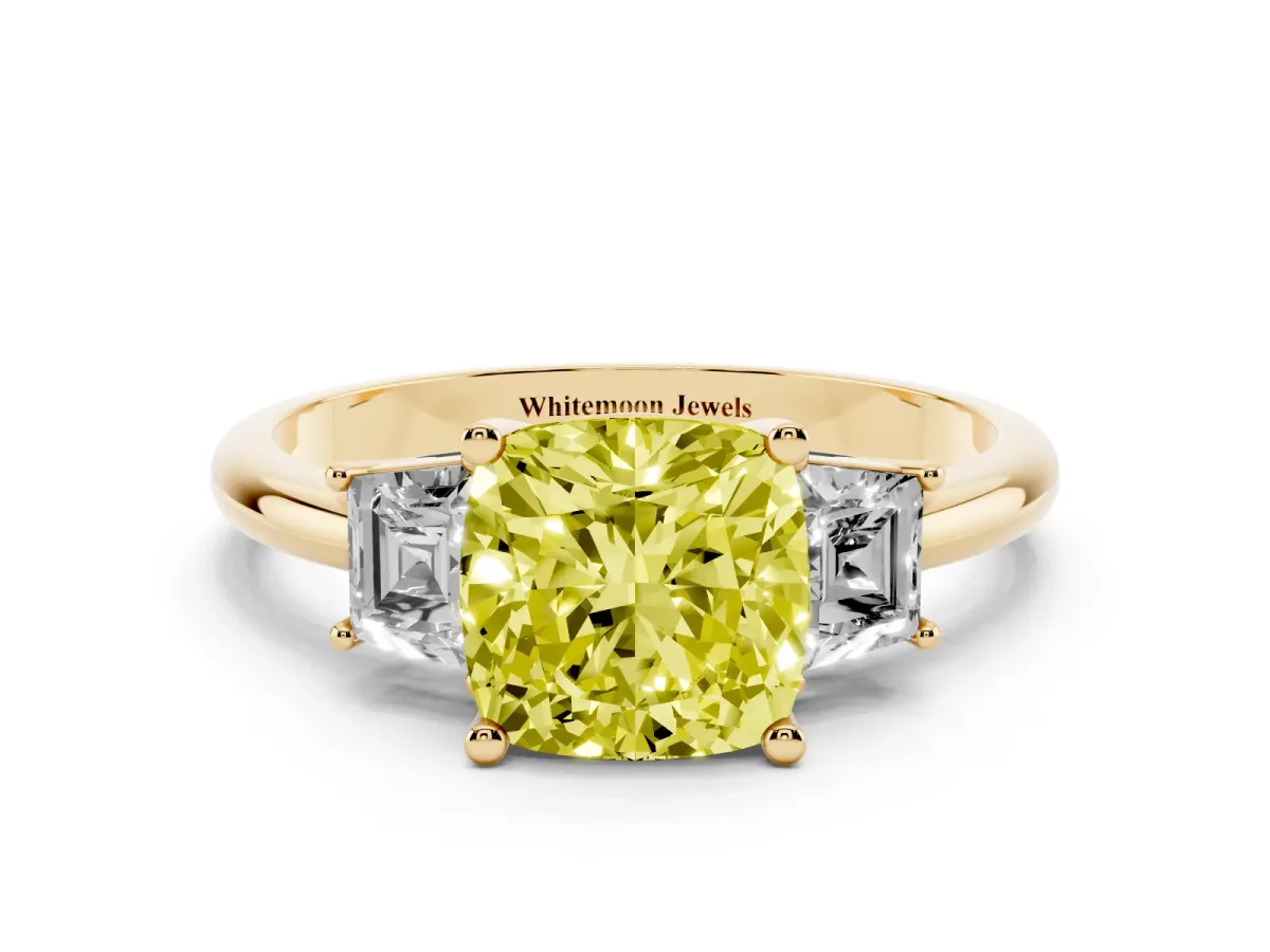 Fancy Yellow Cushion Cut Diamond Three-Stone Ring with Trapezoid Side Stones and Prong Setting Yellow gold