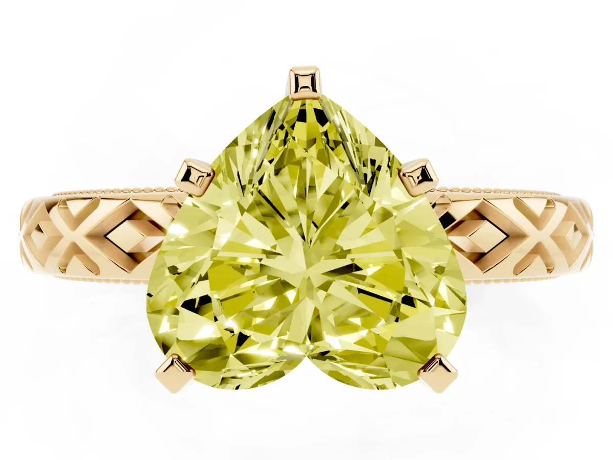 Fancy Yellow Heart Cut Solitaire Diamond Ring with Milgrain and Black Enamel X Pattern Band Yellow gold