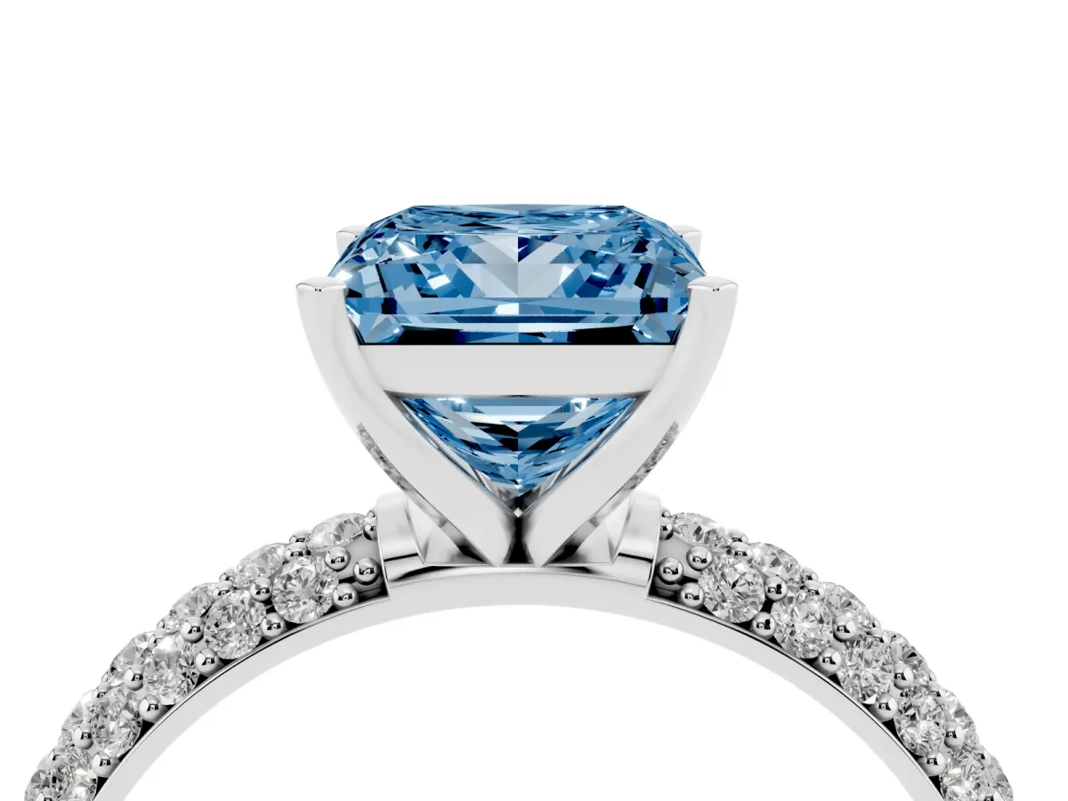 Fancy Blue Princess Cut Diamond Solitaire Ring with Prong Setting and Pavé Band Silver