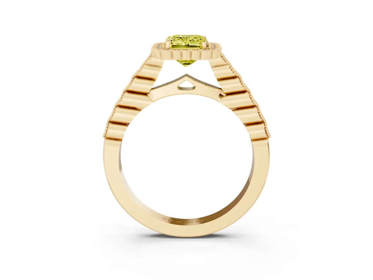 Fancy Yellow Emerald Cut Cut Halo Pavé Solitaire Ring with Milgrain Band Yellow gold