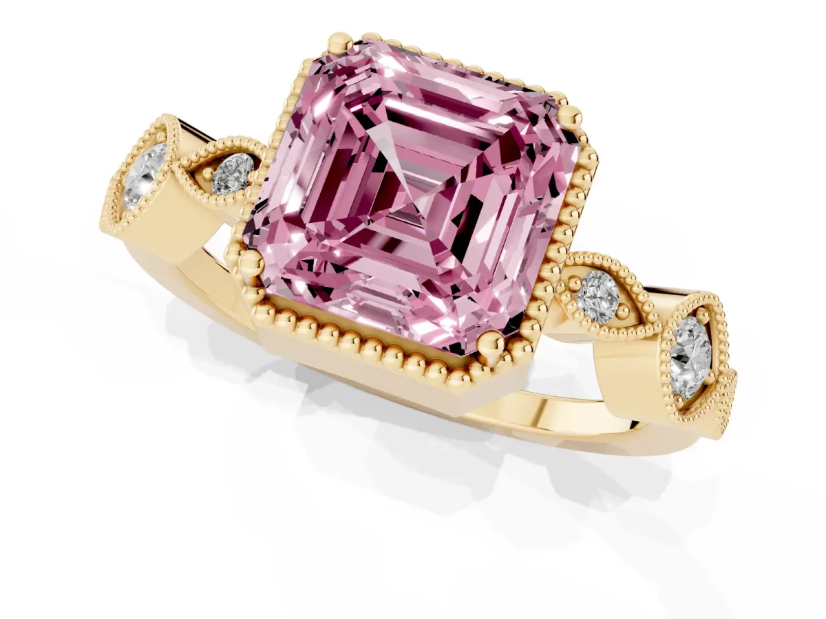 Fancy Pink Asscher Cut Diamond Vintage Milgrain Ring with Round Stations Yellow gold