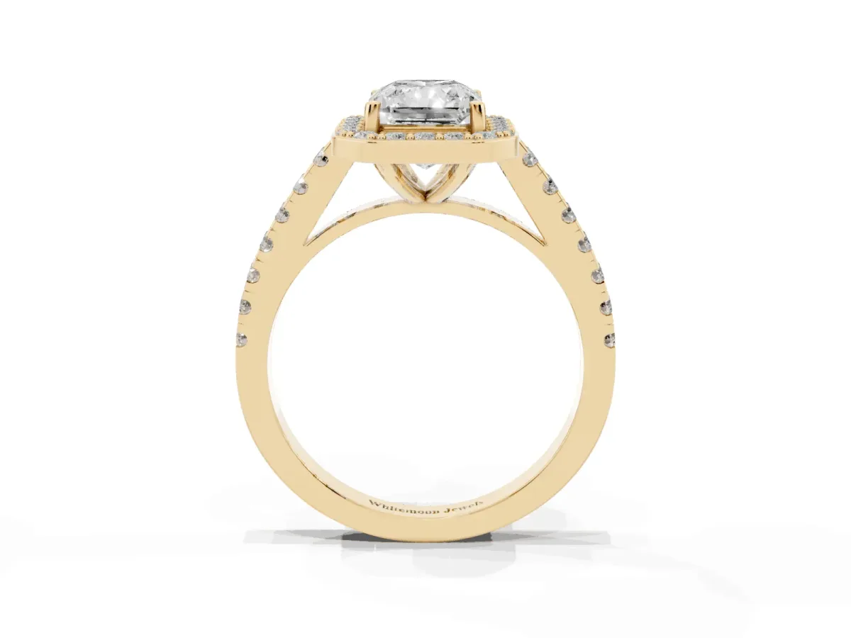 Radiant Cut Diamond Halo Ring with Round Pavé Split Shank and Prong Setting Yellow gold