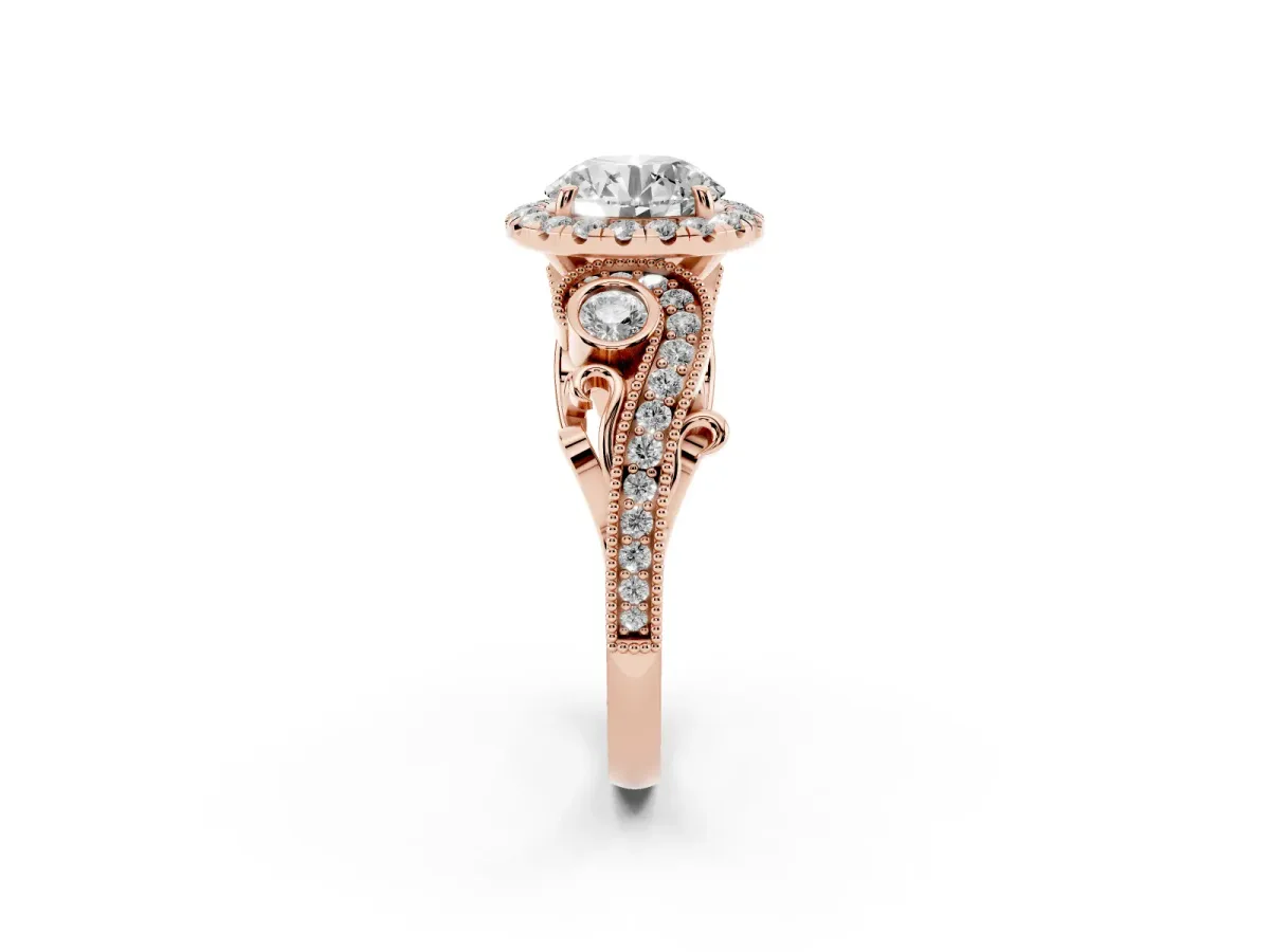 Round Cut Diamond Halo Ring with Milgrain Pavé Band and Four-Prong Setting Rose gold