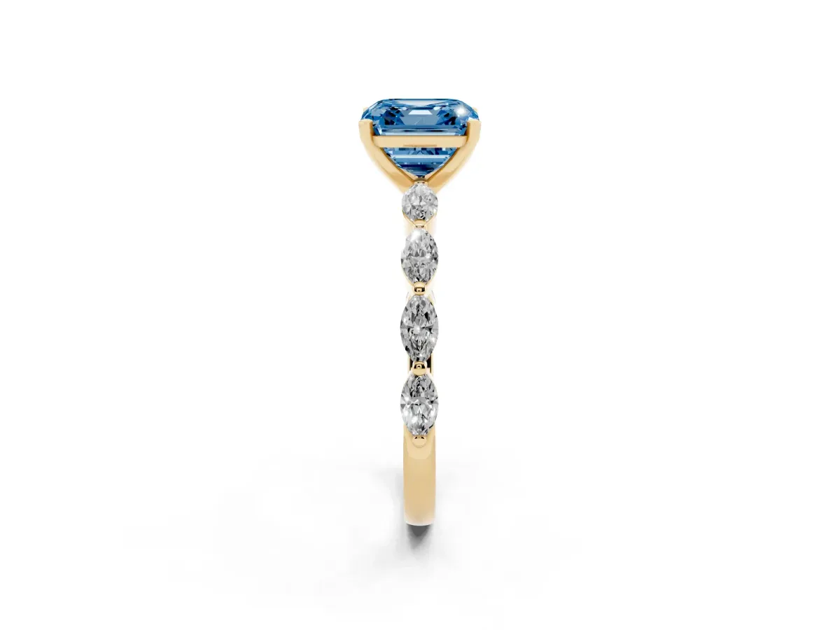 Fancy Blue Asscher Cut Diamond Ring with Marquise Side Stones and Prong Setting Yellow gold