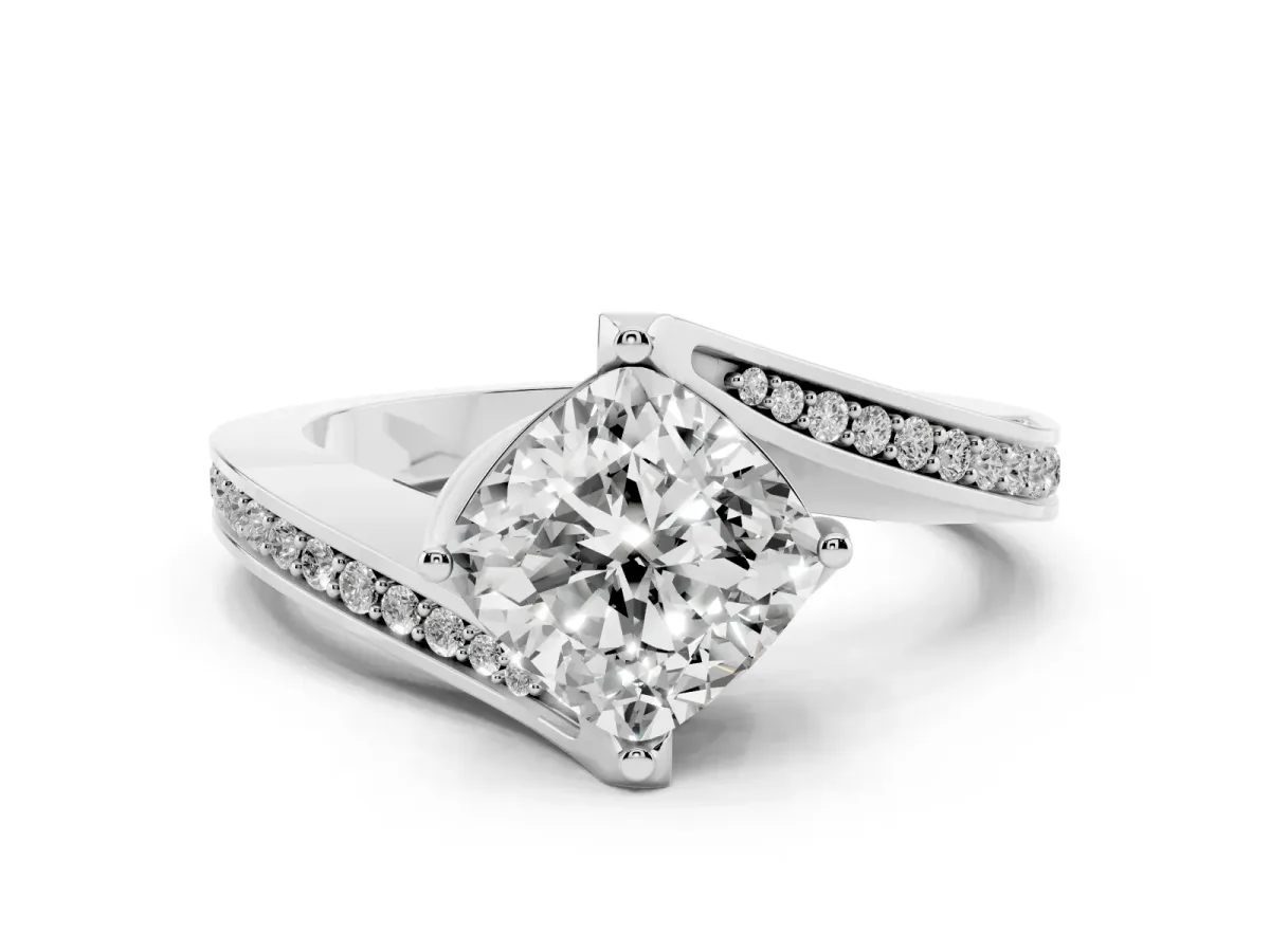 Cushion Cut Solitaire Diamond Twist Band with Pavé Setting and Four-Prong Setting Silver