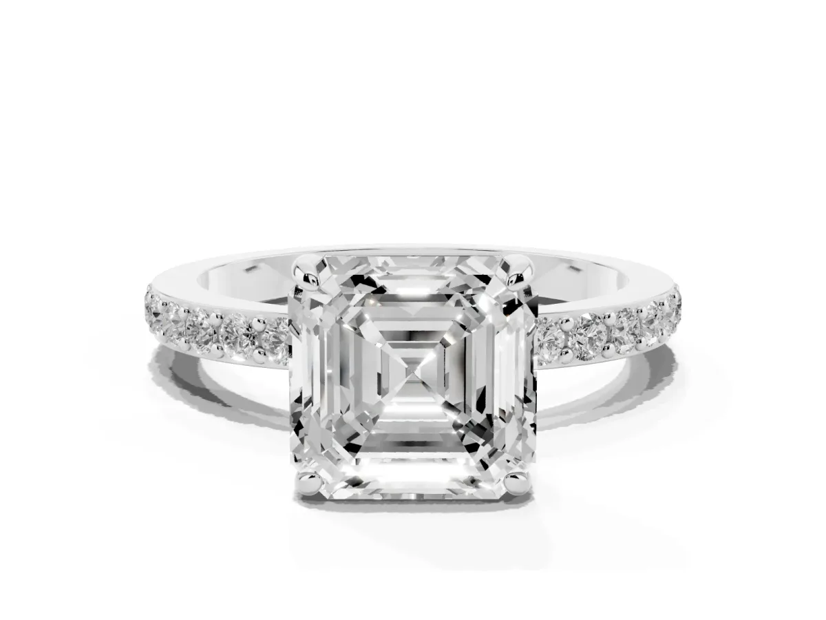 Asscher Cut Diamond Solitaire Engagement Ring with Pavé Band and Four-Prong Setting Platinum