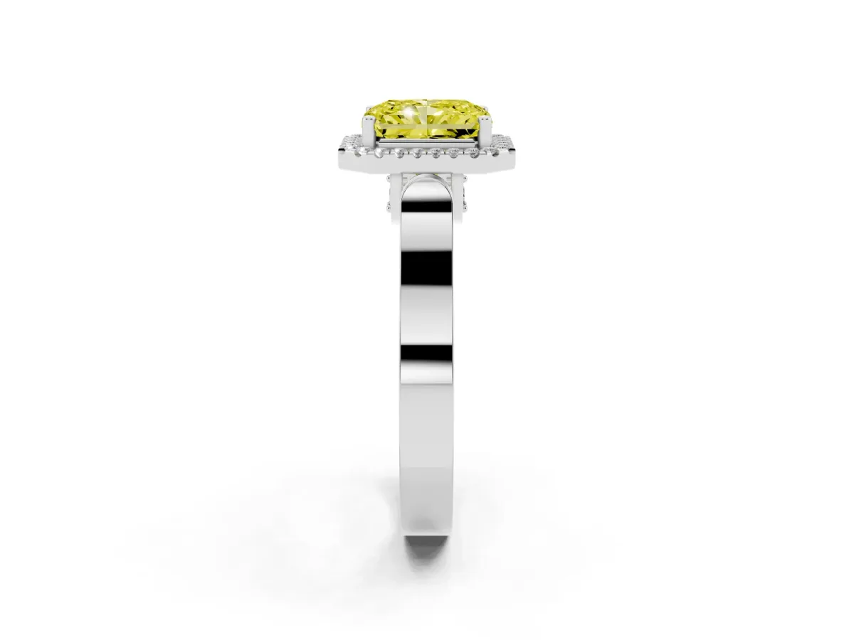 Fancy Yellow Radiant Cut Halo Round Diamond Twist Band with Four-Prong Setting White gold