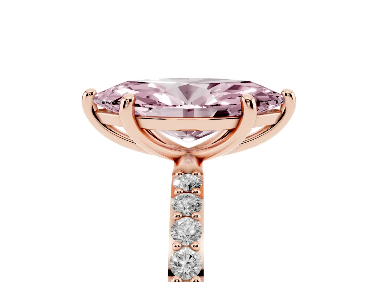 Fancy Pink Marquise Cut Diamond Solitaire Ring with Round Pavé Band and Prong Setting Rose gold