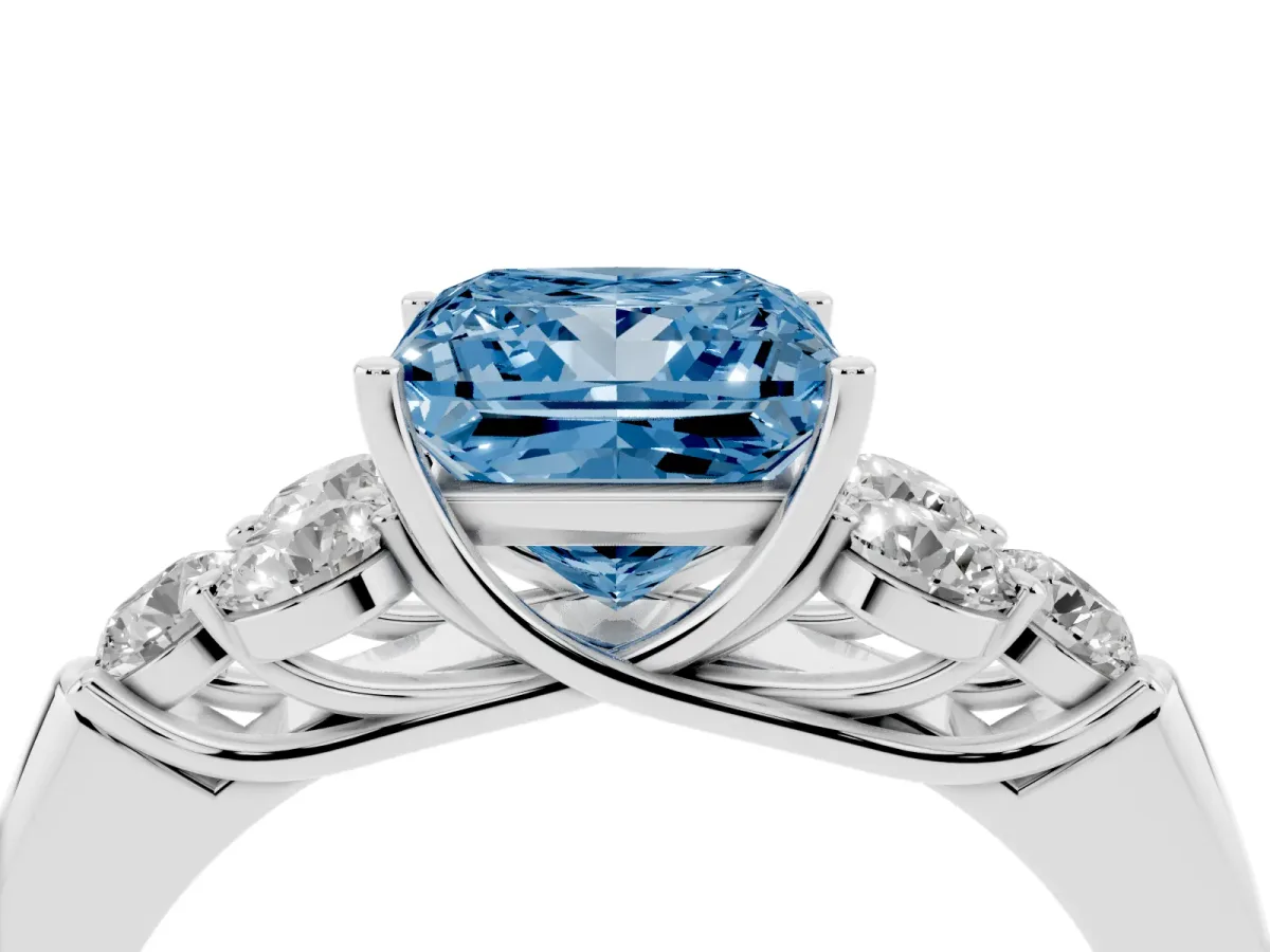 Fancy Blue Princess Cut Cut Diamond Cluster Ring with Round Accent Stones and Prong Setting on a Classic Band Silver