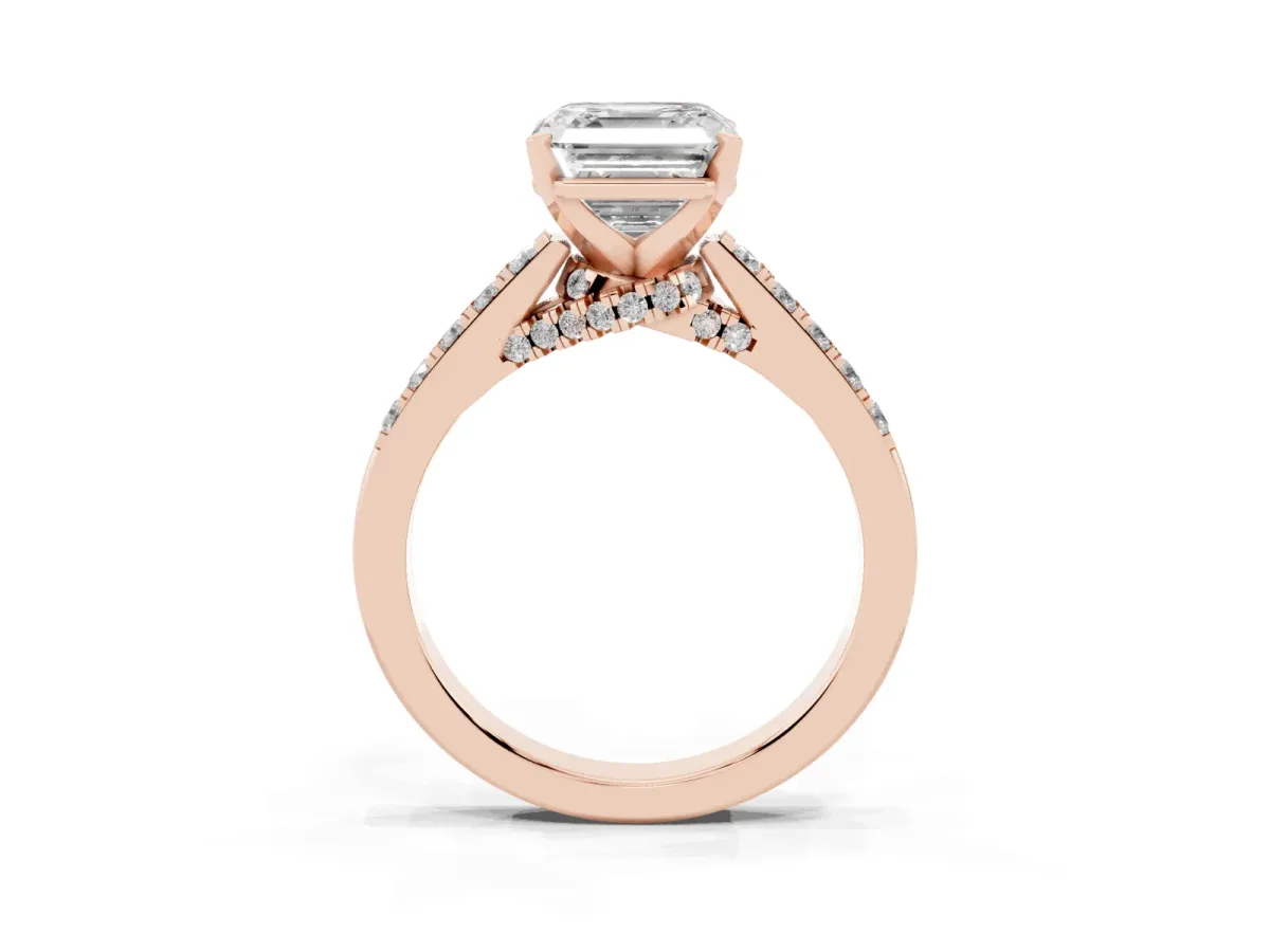 Asscher Cut Diamond Solitaire Ring with Crossover Gallery and Round Pavé Band Rose gold