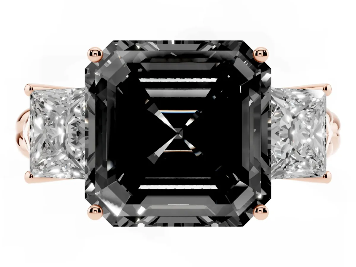 Fancy Black Three-Stone Asscher Cut Diamond Braided Band Ring with Four-Prong Setting Rose gold