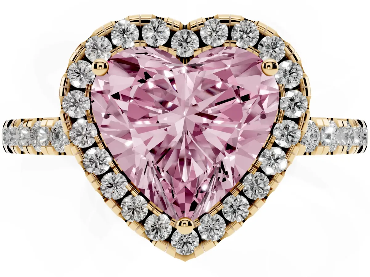 Fancy Pink Heart Cut Halo Diamond Engagement Ring with Pavé Band and Four-Prong Setting Yellow gold