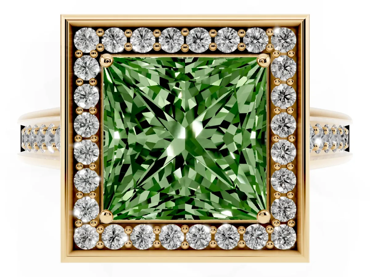 Fancy Green Princess Cut Halo Solitaire Diamond Ring with Pave Band and Bezel Setting Yellow gold