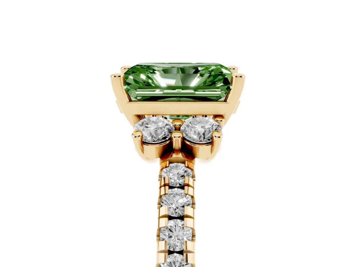 Fancy Green Radiant Cut Diamond Three-Stone Pave Band with Four-Prong Setting Yellow gold