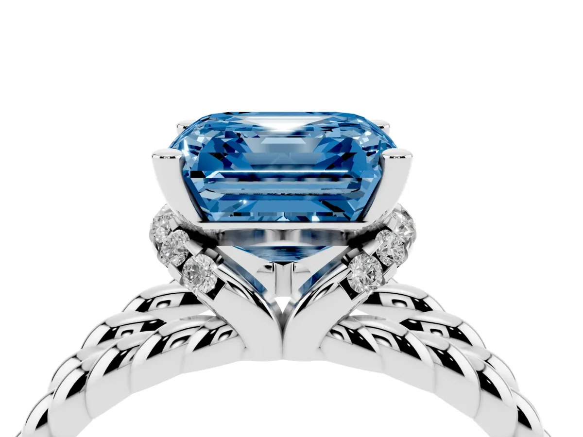 Fancy Blue Asscher Cut Halo Twisted Band Four-Prong Ring Silver
