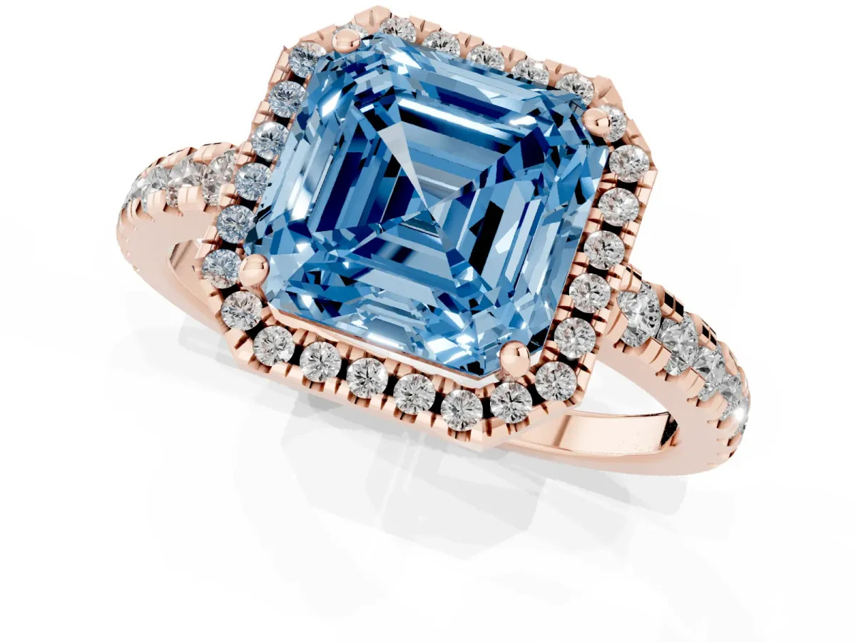 Fancy Blue Asscher Cut Diamond Halo Ring with Pavé Band and Four-Prong Setting Rose gold