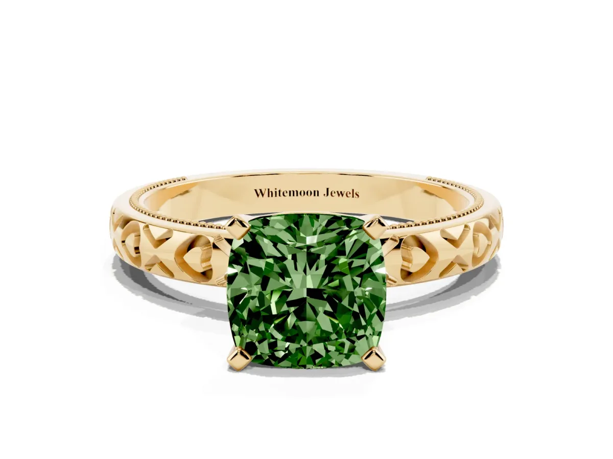 Fancy Green Cushion Cut Solitaire Diamond Engagement Ring with XO Engraved Band and Four-Prong Setting Yellow gold