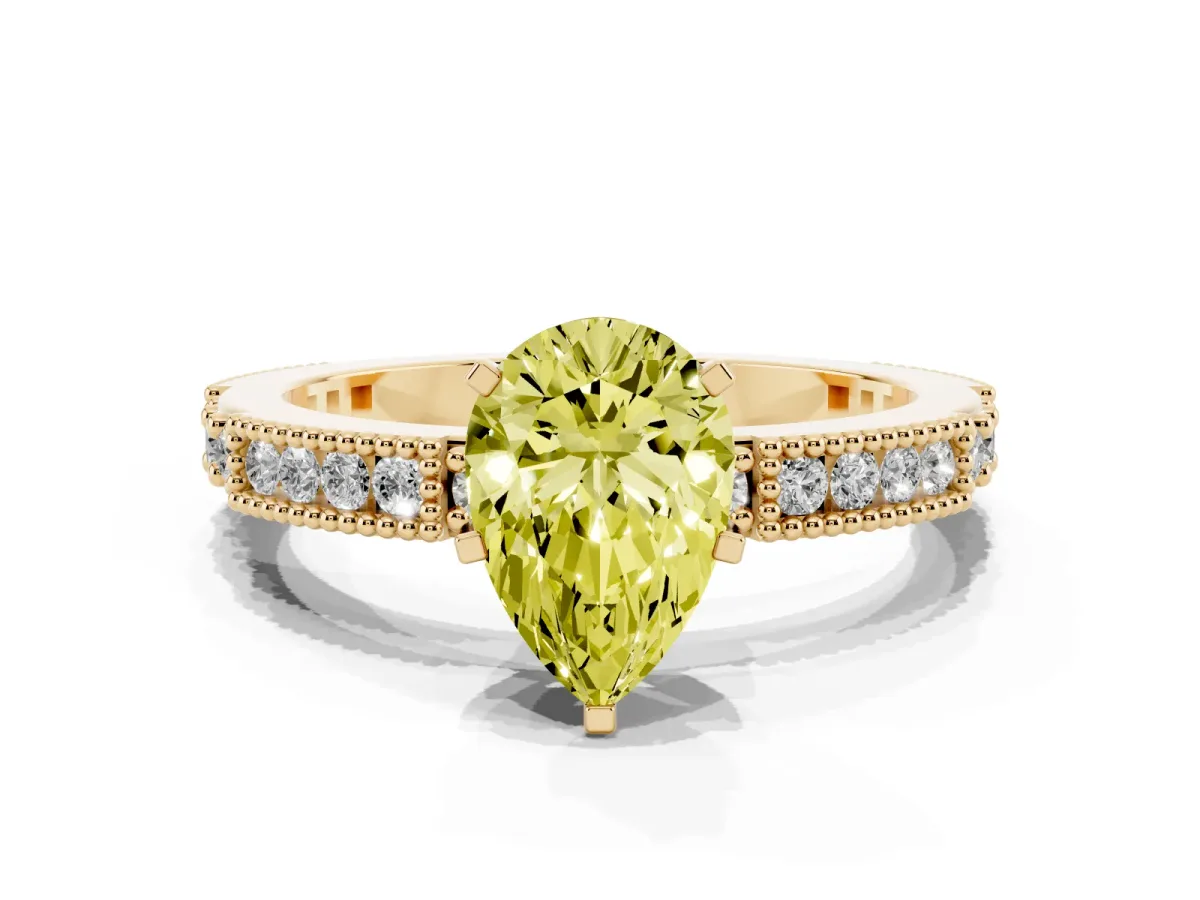 Fancy Yellow Pear Cut Solitaire with Pavé Band and Four-Prong Setting Yellow gold