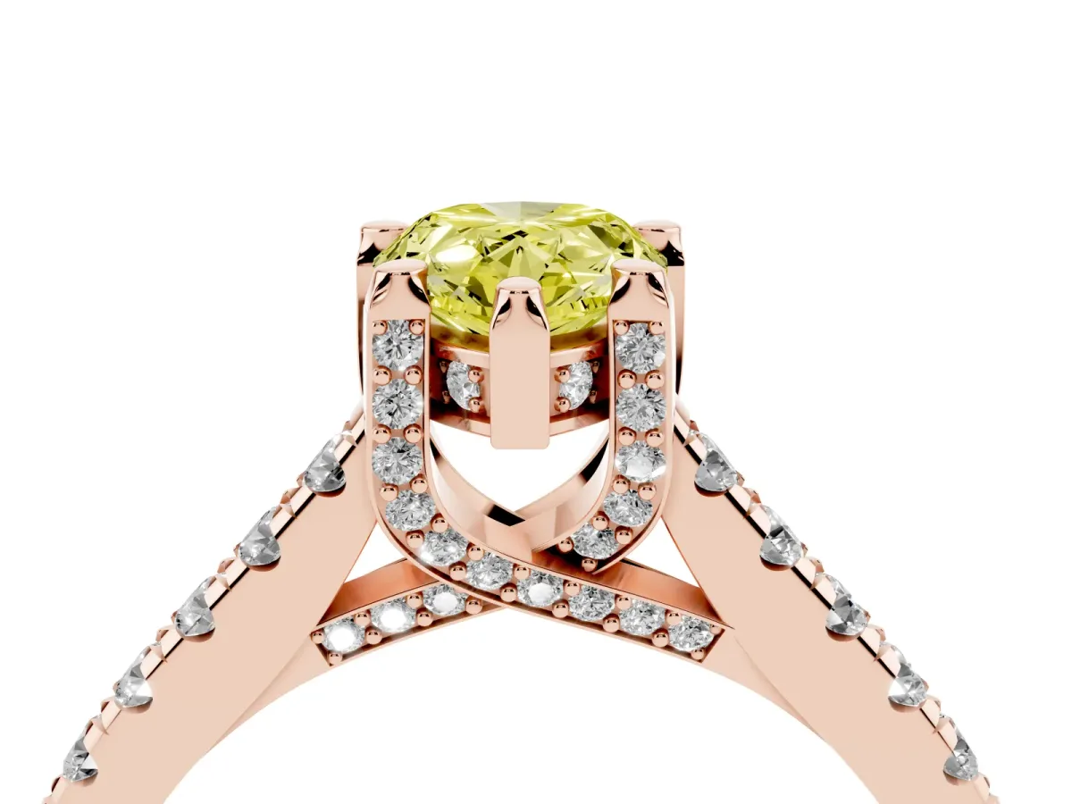 Fancy Yellow Pear Cut Brilliant Diamond Solitaire with Pavé Band and Four-Prong Setting Rose gold
