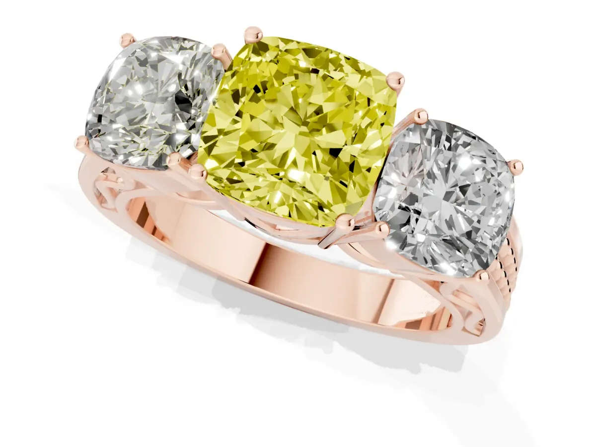 Fancy Yellow Cushion Cut Diamond Three-Stone Ring with Prong Setting and Textured Band Rose gold