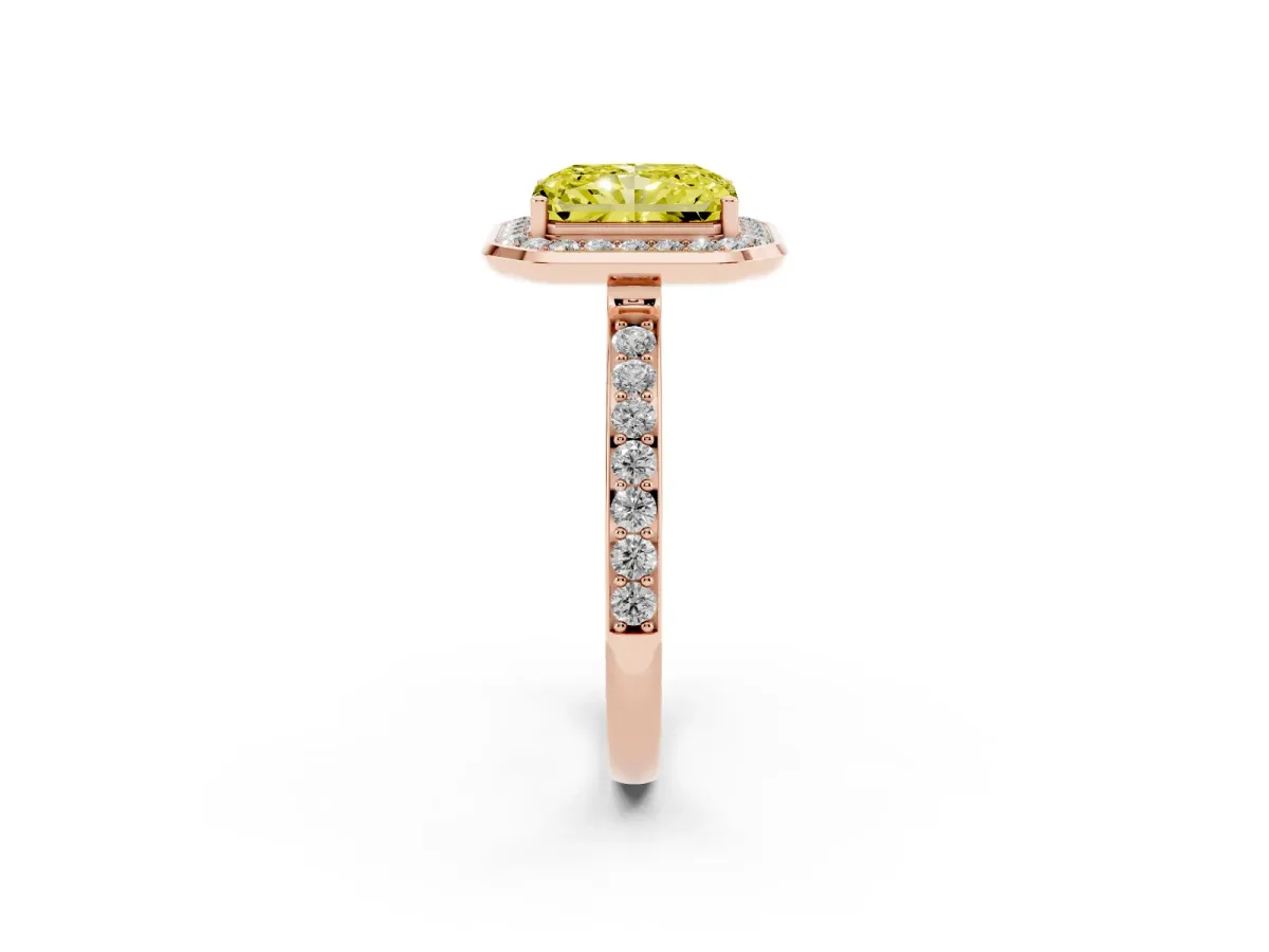 Fancy Yellow Radiant Cut Diamond Halo Ring with Bezel Frame and Pavé Band Rose gold