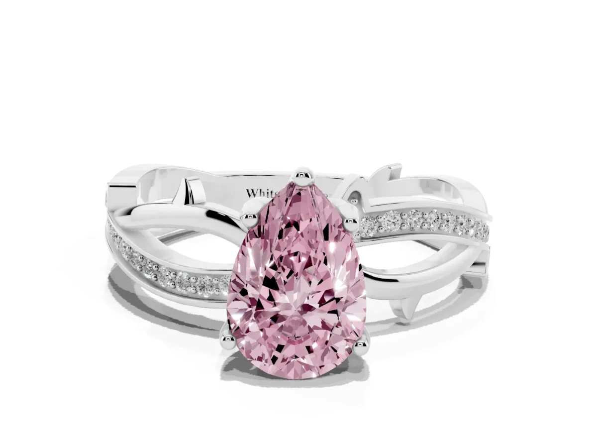 Fancy Pink Pear Cut Solitaire Twist Band with Pavé Accents and Four-Prong Setting Silver