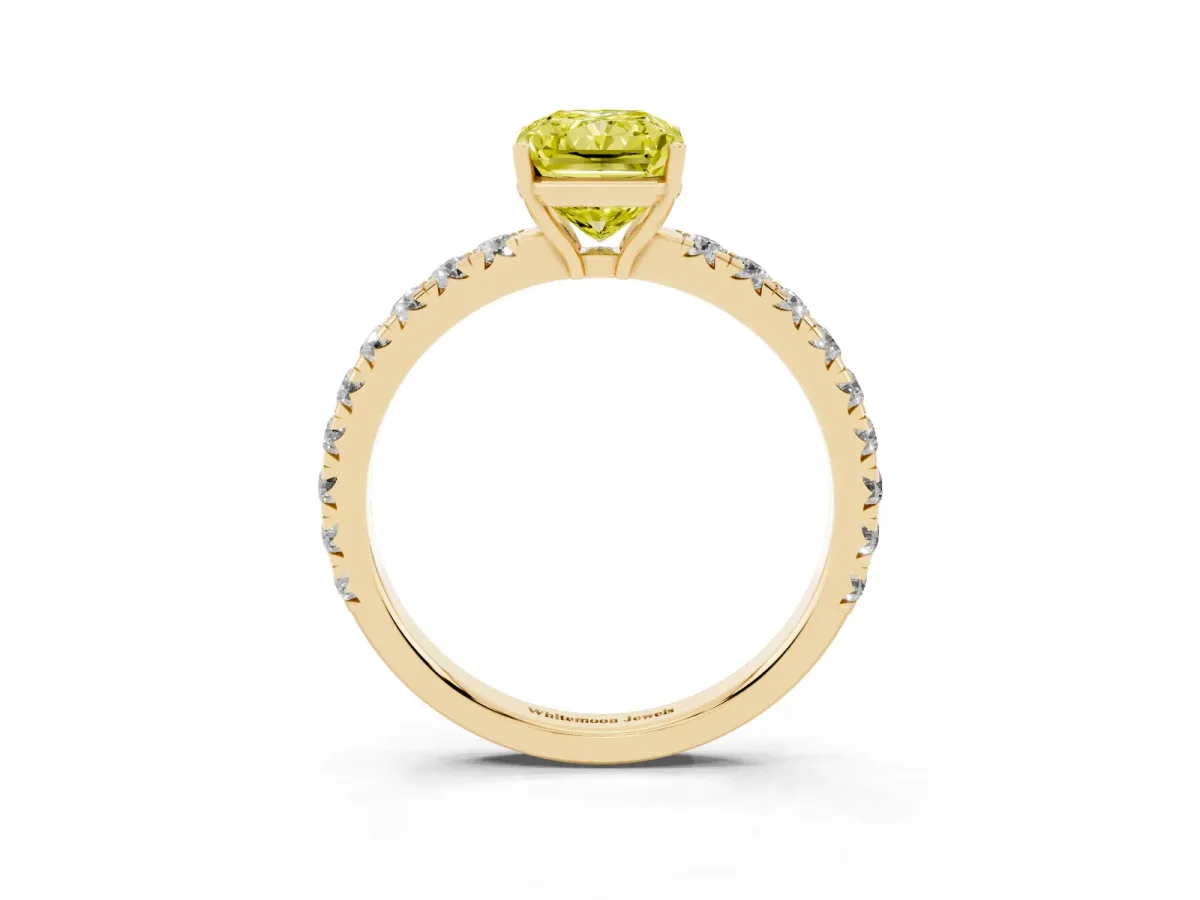 Fancy Yellow Radiant Cut Diamond Pavé Solitaire Engagement Ring with Four-Prong Setting Yellow gold