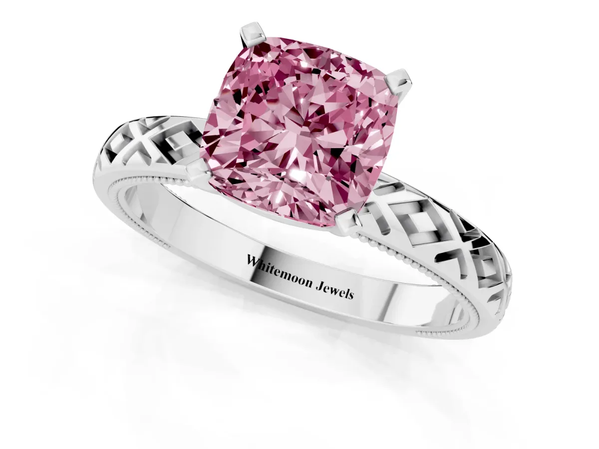 Fancy Pink Cushion Cut Solitaire Diamond Ring with Milgrain and Black Enamel X Pattern Band Silver