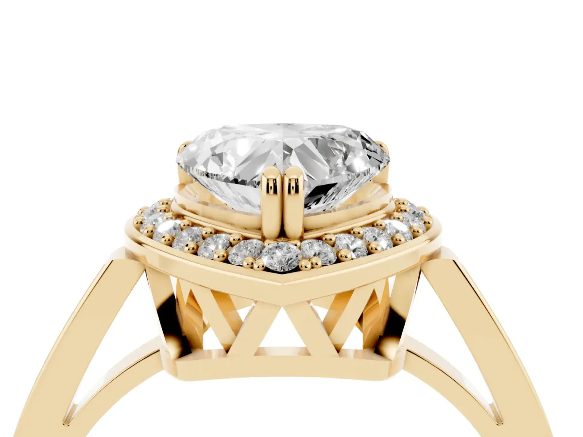 Heart Cut Diamond Halo Ring with Split Shank and Four-Prong Setting Yellow gold